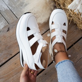 Sapatos casuais de mulher com atacadores - Bico redondo, parte traseira fechada, design com cavidades, sola grossa, capa sintética em preto, branco, bege, etc., confortáveis para usar em todas as estações, calçado para todas as estações | Sapatos com bico