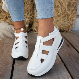 Sapatos casuais de mulher com atacadores - Bico redondo, parte traseira fechada, design com cavidades, sola grossa, capa sintética em preto, branco, bege, etc., confortáveis para usar em todas as estações, calçado para todas as estações | Sapatos com bico