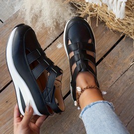 Sapatos casuais de mulher com atacadores - Bico redondo, parte traseira fechada, design com cavidades, sola grossa, capa sintética em preto, branco, bege, etc., confortáveis para usar em todas as estações, calçado para todas as estações | Sapatos com bico