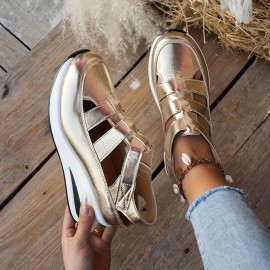 Sapatos casuais de mulher com atacadores - Bico redondo, parte traseira fechada, design com cavidades, sola grossa, capa sintética em preto, branco, bege, etc., confortáveis para usar em todas as estações, calçado para todas as estações | Sapatos com bico