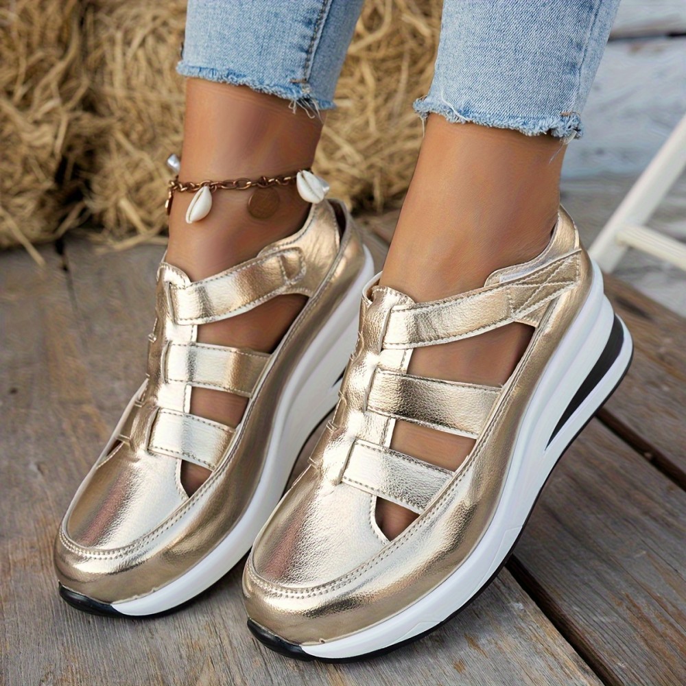 Sapatos casuais de mulher com atacadores - Bico redondo, parte traseira fechada, design com cavidades, sola grossa, capa sintética em preto, branco, bege, etc., confortáveis para usar em todas as estações, calçado para todas as estações | Sapatos com bico