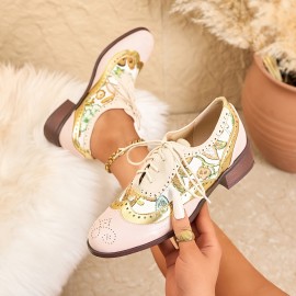 Botas Oxford Vintage Femininas com Salto Grosso e Detalhes Perforados, Sapatos Casuais Respiráveis para Escritório