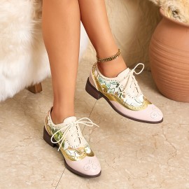 Botas Oxford Vintage Femininas com Salto Grosso e Detalhes Perforados, Sapatos Casuais Respiráveis para Escritório