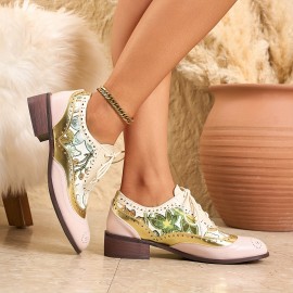 Botas Oxford Vintage Femininas com Salto Grosso e Detalhes Perforados, Sapatos Casuais Respiráveis para Escritório