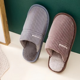 Pantufas Masculinas de Inverno Quentes e Confortáveis, Palmilha de Tecido Espesso de 1,18 polegadas, Sola de Borracha, Ajuste Universal, Estampa Listrada, Slides Fofos para Interior