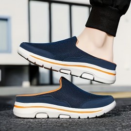 Chinelos masculinos de sola espessa - Design respirável com biqueira fechada, sola de EVA macia e acolchoada para conforto interior, caminhada e uso casual - Acessos em azul marinho e laranja, perfeitos para casa e uso diário, chinelos de casa, calçado in