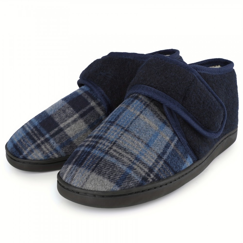 Chinelos masculinos de lona azul-marinho com sola de espuma de memória - Fecho ajustável, quente, respirável, para uso interno e externo, design confortável para calçar, Riemot