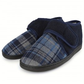 Chinelos masculinos de lona azul-marinho com sola de espuma de memória - Fecho ajustável, quente, respirável, para uso interno e externo, design confortável para calçar, Riemot