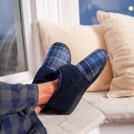 Chinelos masculinos de lona azul-marinho com sola de espuma de memória - Fecho ajustável, quente, respirável, para uso interno e externo, design confortável para calçar, Riemot