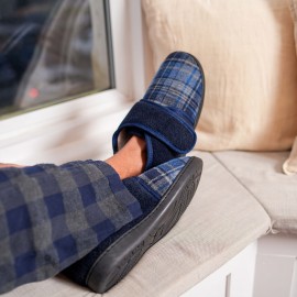 Chinelos masculinos de lona azul-marinho com sola de espuma de memória - Fecho ajustável, quente, respirável, para uso interno e externo, design confortável para calçar, Riemot