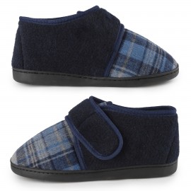 Chinelos masculinos de lona azul-marinho com sola de espuma de memória - Fecho ajustável, quente, respirável, para uso interno e externo, design confortável para calçar, Riemot