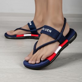 Sandálias Masculinas Ajustáveis de Praia com Sola Antiderrapante em EVA - Parte Superior em Tecido Respirável, Estampa de Letras e Design Listrado para Uso ao Ar Livre, Streetwear e Verão, Calçados de Praia, Sapatos Urbanos, Conforto Seguro