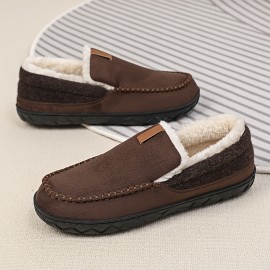 Chinelos confortáveis para homem com forro de peluche e detalhes bordados - Parte superior de tecido forrado com lã quente, sola de EVA para conforto interior - Estilo retro clássico para outono/inverno, chinelos confortáveis para interior | Chinelos slip