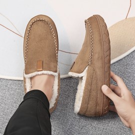 Chinelos confortáveis para homem com forro de peluche e detalhes bordados - Parte superior de tecido forrado com lã quente, sola de EVA para conforto interior - Estilo retro clássico para outono/inverno, chinelos confortáveis para interior | Chinelos slip