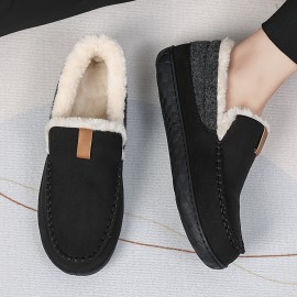Chinelos confortáveis para homem com forro de peluche e detalhes bordados - Parte superior de tecido forrado com lã quente, sola de EVA para conforto interior - Estilo retro clássico para outono/inverno, chinelos confortáveis para interior | Chinelos slip