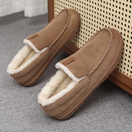 Chinelos confortáveis para homem com forro de peluche e detalhes bordados - Parte superior de tecido forrado com lã quente, sola de EVA para conforto interior - Estilo retro clássico para outono/inverno, chinelos confortáveis para interior | Chinelos slip