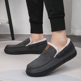 Chinelos confortáveis para homem com forro de peluche e detalhes bordados - Parte superior de tecido forrado com lã quente, sola de EVA para conforto interior - Estilo retro clássico para outono/inverno, chinelos confortáveis para interior | Chinelos slip