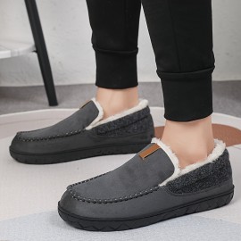 Chinelos confortáveis para homem com forro de peluche e detalhes bordados - Parte superior de tecido forrado com lã quente, sola de EVA para conforto interior - Estilo retro clássico para outono/inverno, chinelos confortáveis para interior | Chinelos slip