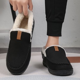 Chinelos confortáveis para homem com forro de peluche e detalhes bordados - Parte superior de tecido forrado com lã quente, sola de EVA para conforto interior - Estilo retro clássico para outono/inverno, chinelos confortáveis para interior | Chinelos slip