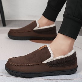 Chinelos confortáveis para homem com forro de peluche e detalhes bordados - Parte superior de tecido forrado com lã quente, sola de EVA para conforto interior - Estilo retro clássico para outono/inverno, chinelos confortáveis para interior | Chinelos slip