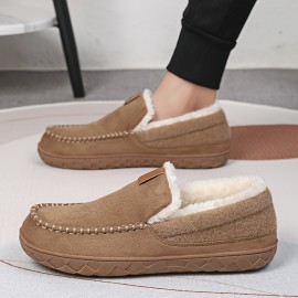 Chinelos confortáveis para homem com forro de peluche e detalhes bordados - Parte superior de tecido forrado com lã quente, sola de EVA para conforto interior - Estilo retro clássico para outono/inverno, chinelos confortáveis para interior | Chinelos slip