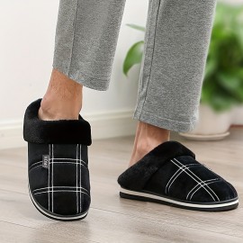 Chinelos de homem CYFMYD com padrão xadrez, forro de pelúcia quente e felpuda, sapatos de casa de espuma de memória, parte superior de tecido macio, sola de TPR, design de dedo redondo para conforto no outono e inverno, chinelos de casa