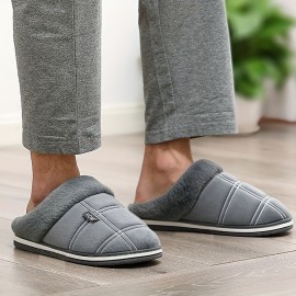 Chinelos de homem CYFMYD com padrão xadrez, forro de pelúcia quente e felpuda, sapatos de casa de espuma de memória, parte superior de tecido macio, sola de TPR, design de dedo redondo para conforto no outono e inverno, chinelos de casa