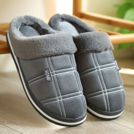 Chinelos de homem CYFMYD com padrão xadrez, forro de pelúcia quente e felpuda, sapatos de casa de espuma de memória, parte superior de tecido macio, sola de TPR, design de dedo redondo para conforto no outono e inverno, chinelos de casa