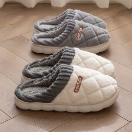 Chinelos de Pelúcia Aconchegantes para o Inverno para Casais - Sola Grossa, Sapatos Internos Quentes e Fofos com Design de Padrão de Diamante, Sola Antiderrapante, Perfeitos para Relaxamento em Casa, Disponíveis em Cinza e Creme, Calçado Interno de Invern