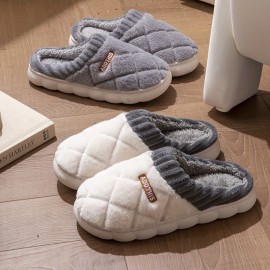 Chinelos de Pelúcia Aconchegantes para o Inverno para Casais - Sola Grossa, Sapatos Internos Quentes e Fofos com Design de Padrão de Diamante, Sola Antiderrapante, Perfeitos para Relaxamento em Casa, Disponíveis em Cinza e Creme, Calçado Interno de Invern