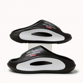 Chinelos unissexo grossos e macios, chinelos de casal, sandálias confortáveis para uso interno/externo com design de sola texturizada, calçado de moda de Fuzhou, estampa de letras de cor sólida, disponível em preto e branco