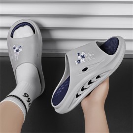 Chinelos Masculinos Antiderrapantes com Espuma de Memória Grossa - Sapatos de Casa Respiráveis e Secagem Rápida, Anti-Odor para Todas as Estações, EVA para Banheiro e Praia - Preto com Letras Brancas, Design Moderno e Confortável
