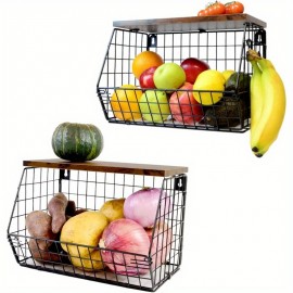 2-Pack Cestos de Frutas Montáveis com Tampa de Madeira - Organizador Grande para Alho e Batatas, Caixas de Aço Carbono de Alta Qualidade para Cozinha, Economia de Espaço e Multiuso