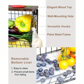 2-Pack Cestos de Frutas Montáveis com Tampa de Madeira - Organizador Grande para Alho e Batatas, Caixas de Aço Carbono de Alta Qualidade para Cozinha, Economia de Espaço e Multiuso