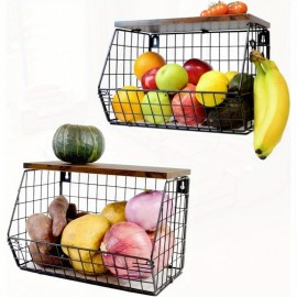 2-Pack Cestos de Frutas Montáveis com Tampa de Madeira - Organizador Grande para Alho e Batatas, Caixas de Aço Carbono de Alta Qualidade para Cozinha, Economia de Espaço e Multiuso