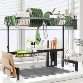 Rack de secagem de pratos sobre o lavatório, suporte de pratos de aço inoxidável acima do lavatório com altura ajustável de 29,5 a 35,8 W, prateleira de armazenamento de bancada de cozinha para organizador, panelas, copos, tabuleiro