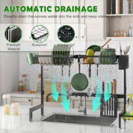 Rack de secagem de pratos sobre o lavatório, suporte de pratos de aço inoxidável acima do lavatório com altura ajustável de 29,5 a 35,8 W, prateleira de armazenamento de bancada de cozinha para organizador, panelas, copos, tabuleiro
