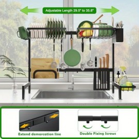 Rack de secagem de pratos sobre o lavatório, suporte de pratos de aço inoxidável acima do lavatório com altura ajustável de 29,5 a 35,8 W, prateleira de armazenamento de bancada de cozinha para organizador, panelas, copos, tabuleiro