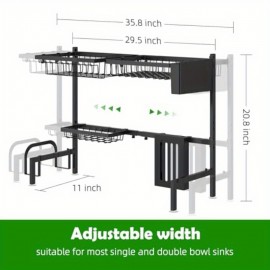 Rack de secagem de pratos sobre o lavatório, suporte de pratos de aço inoxidável acima do lavatório com altura ajustável de 29,5 a 35,8 W, prateleira de armazenamento de bancada de cozinha para organizador, panelas, copos, tabuleiro