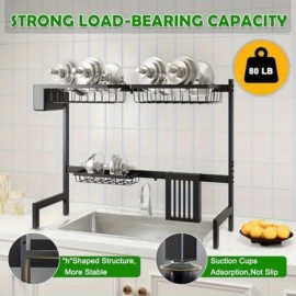 Rack de secagem de pratos sobre o lavatório, suporte de pratos de aço inoxidável acima do lavatório com altura ajustável de 29,5 a 35,8 W, prateleira de armazenamento de bancada de cozinha para organizador, panelas, copos, tabuleiro