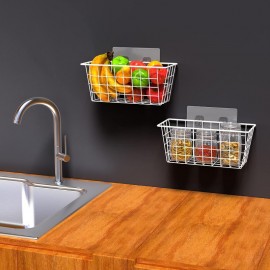 2-Pack Cestos de Metal Resistente para Parede - Organizador com Ganchos Adesivo Sem Furação, Caixas de Arame Economizadoras de Espaço para Cozinha, Despensa, Banheiro e Quarto - Suporta Frutas, Maços e Pacotes - Prateleiras Suspensas Fáceis de Instalar se