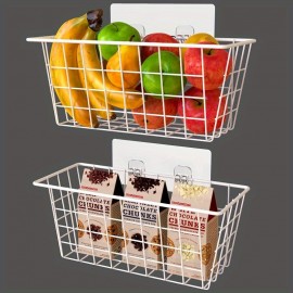 2-Pack Cestos de Metal Resistente para Parede - Organizador com Ganchos Adesivo Sem Furação, Caixas de Arame Economizadoras de Espaço para Cozinha, Despensa, Banheiro e Quarto - Suporta Frutas, Maços e Pacotes - Prateleiras Suspensas Fáceis de Instalar se