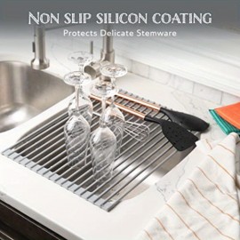 Suporte de secagem de pratos dobrável em silicone para aço inoxidável sobre o lavatório, resistente ao calor e antiderrapante. 17 x 12.5