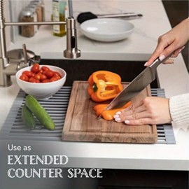 Suporte de secagem de pratos dobrável em silicone para aço inoxidável sobre o lavatório, resistente ao calor e antiderrapante. 17 x 12.5