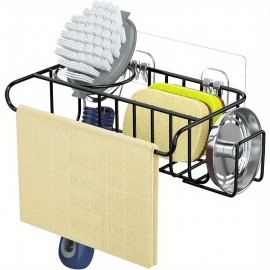 Suporte de esponja adesiva 4 em 1 para pia SUS304 Suporte de escova de aço inoxidável + Cabide de pano de prato + Suporte de sabão + Suporte de tampão de pia Sem perfuração Suporte de esponja de cozinha preto