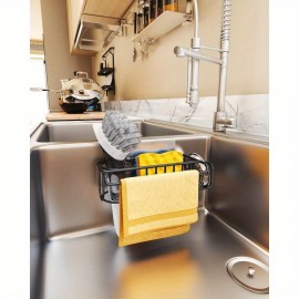 Suporte de esponja adesiva 4 em 1 para pia SUS304 Suporte de escova de aço inoxidável + Cabide de pano de prato + Suporte de sabão + Suporte de tampão de pia Sem perfuração Suporte de esponja de cozinha preto