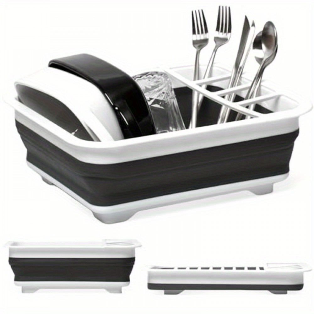 Suporte de secagem de pratos dobrável, durável, com 4 compartimentos para utensílios, para cozinha, RV, campismo, essencial, organizador compacto de pratos, armazenamento de pratos na pia, cinza, 4,9x14x12