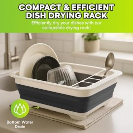 Suporte de secagem de pratos dobrável, durável, com 4 compartimentos para utensílios, para cozinha, RV, campismo, essencial, organizador compacto de pratos, armazenamento de pratos na pia, cinza, 4,9x14x12