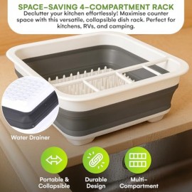 Suporte de secagem de pratos dobrável, durável, com 4 compartimentos para utensílios, para cozinha, RV, campismo, essencial, organizador compacto de pratos, armazenamento de pratos na pia, cinza, 4,9x14x12