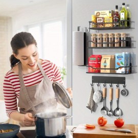 Prateleira Magnética para Geladeira, Pacote com 5 Prateleiras de Metal Fortes e Móveis Organizadores de Forno com Suporte para Papel Toalha e Ganchos Metálicos, Organizadores de Geladeira e Armazenamento de Cozinha (Preto)
